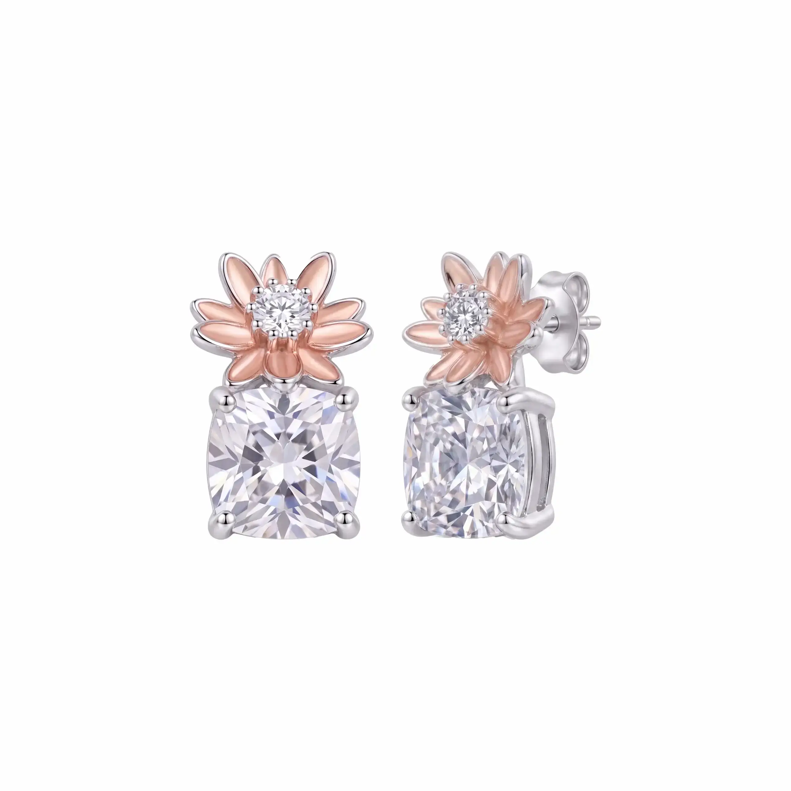 ══════════════════════════════════════════════ MATERIAL & COLOR LOCK (CRITICAL) The uploaded earrings are the ONLY source of truth for material appearance. The left earring and the right earring represent the EXACT SAME physical earrings photographed from two different camera angles. Changing the viewing angle must NEVER change the appearance of the materials. The right earring is NOT a separate render. It is simply the left earring rotated in space. Lock the material properties identically across both earrings. Both earrings MUST have EXACTLY the same: • metal color • metal hue • metal saturation • metal brightness • white balance • polish • gloss • reflectivity • roughness • edge highlights • gemstone color • gemstone transparency • gemstone brilliance • gemstone contrast • gemstone saturation • gemstone dispersion • gemstone reflections The silver metal must remain identical neutral silver. The rose gold metal must remain identical rose gold. The yellow gold metal must remain identical yellow gold. The diamonds must remain identical neutral white. Do NOT introduce: • blue tint • cyan tint • purple tint • gray tint • cool white balance • warm white balance • color shift • different metal tone • different gemstone color • different diamond brightness • different reflection color Only the POSITION of reflections may change because of the viewing angle. The COLOR of reflections must remain identical. The angled earring must look like the same physical earring photographed from another angle under the same studio lighting. The metal finish, gemstone color, and overall appearance must be visually indistinguishable from the front-view earring. ══════════════════════════════════════════════ NEGATIVE PROMPT Do not redesign the earrings. Do not resize the earrings. Do not change their proportions. Do not alter the metal thickness. Do not change gemstone placement. Do not change gemstone size. Do not modify the prongs. Do not change the polishing. Do not change the surface finish. Do not change the metal color. Do not change the white balance. Do not introduce blue or cyan highlights. Do not introduce cool-toned reflections. Do not recolor the angled earring. Do not make one earring brighter or darker than the other. Do not make the diamonds more blue, gray, or purple. Do not render the earrings as different materials. Do not alter gemstone brilliance between the two earrings. Both earrings must have identical material properties, identical color, identical polish, identical white balance, and identical diamond appearance. Only the camera angle may change.